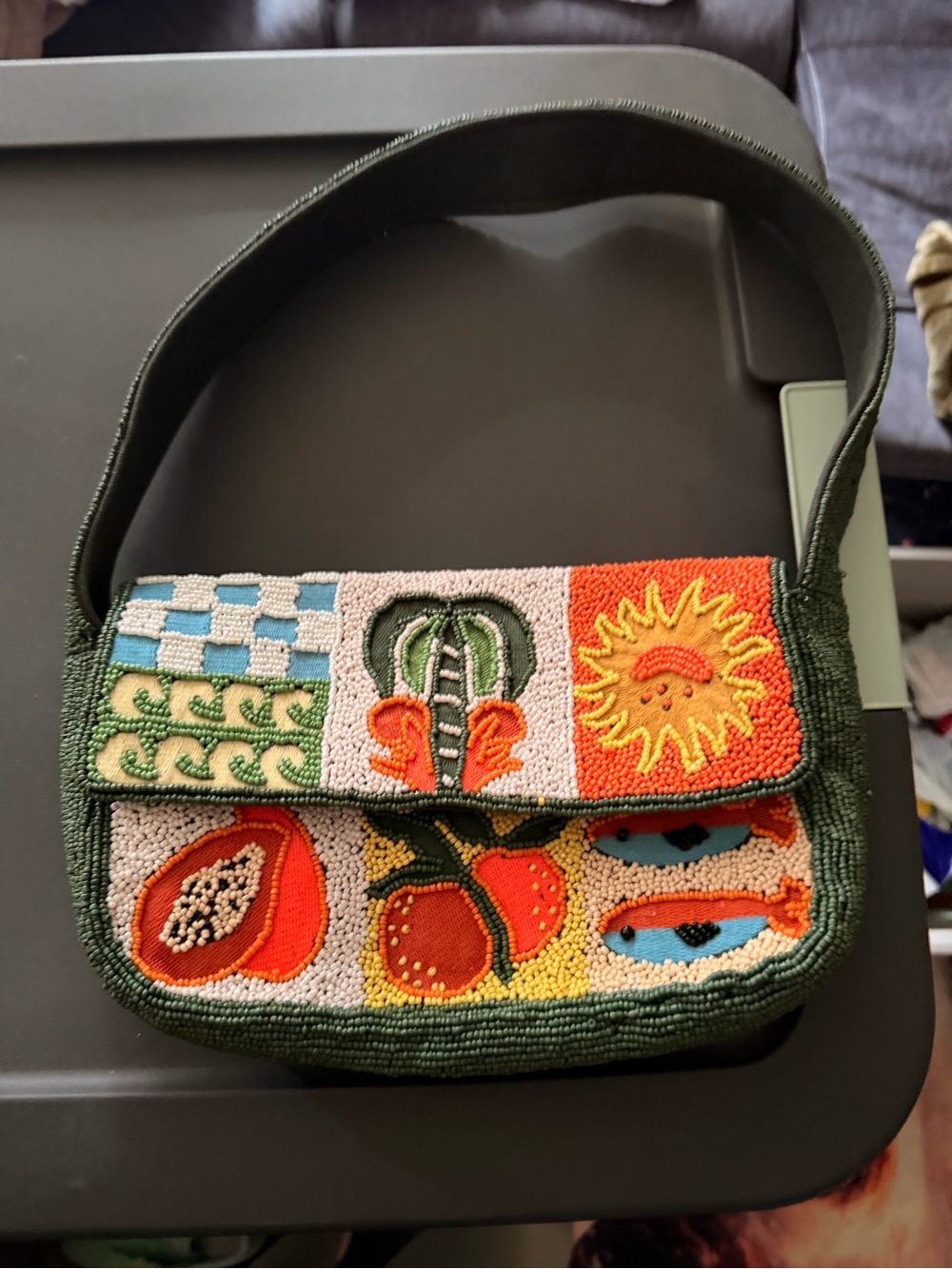Handcrafted Green Beaded Patchwork Shoulder Bag